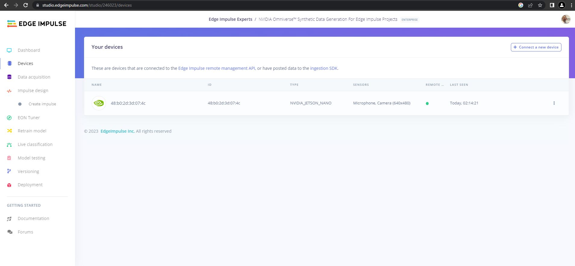 Device connected to Edge Impulse