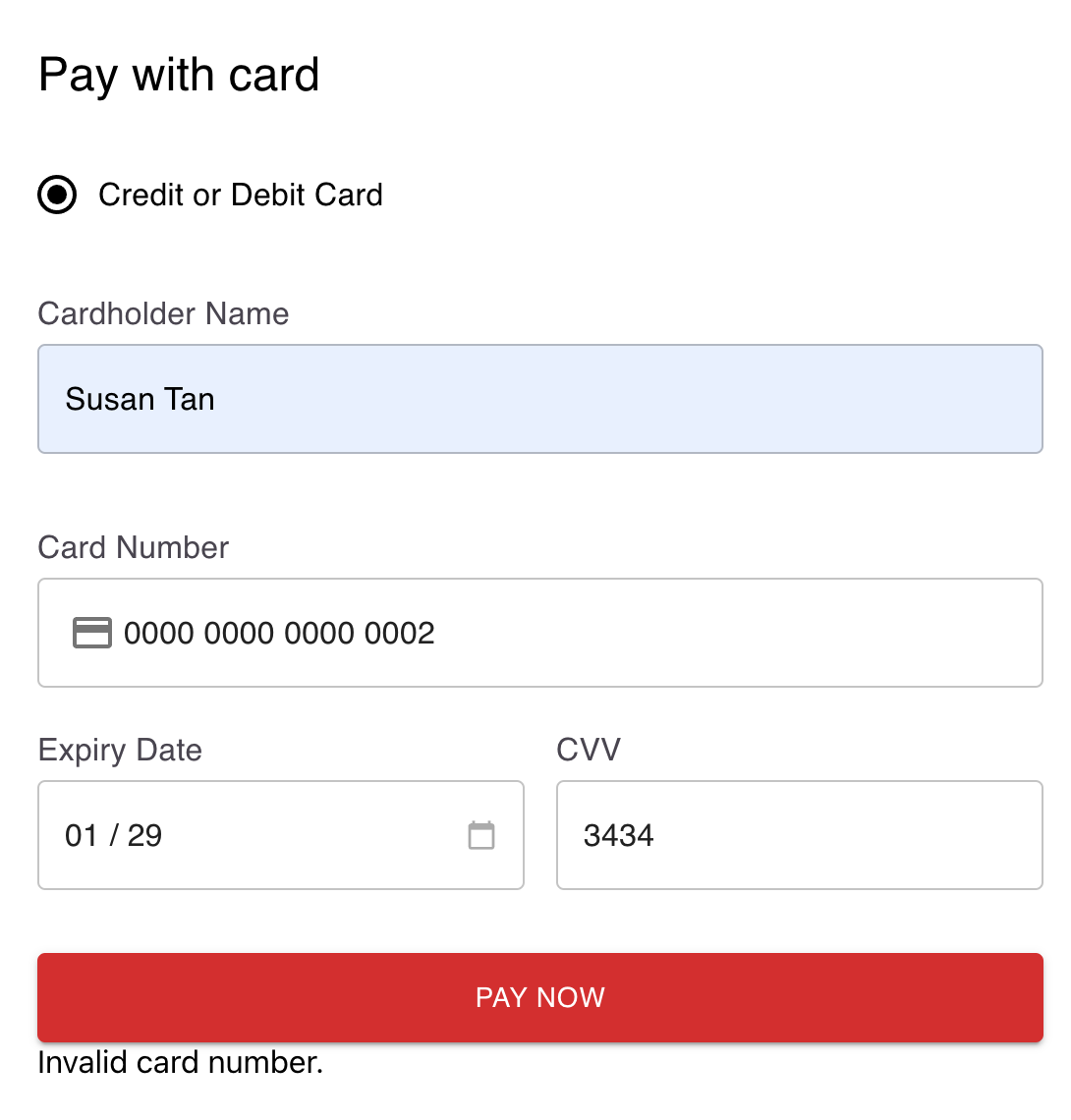 Invalid credit card form