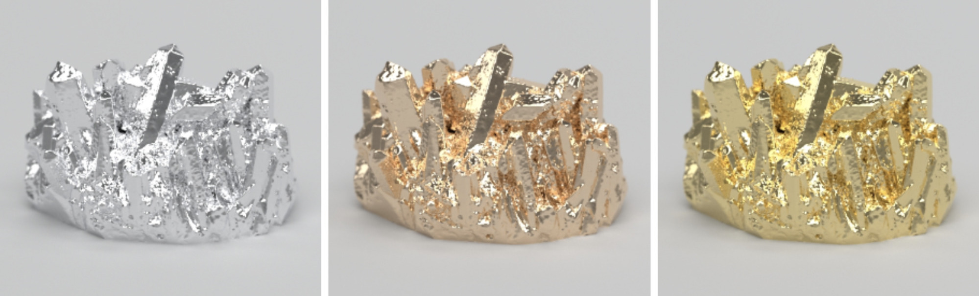 Figure [metal]: Metals produced by the metal closure by setting the base_color and specular_color parameters. From left to right: aluminium, copper, gold.