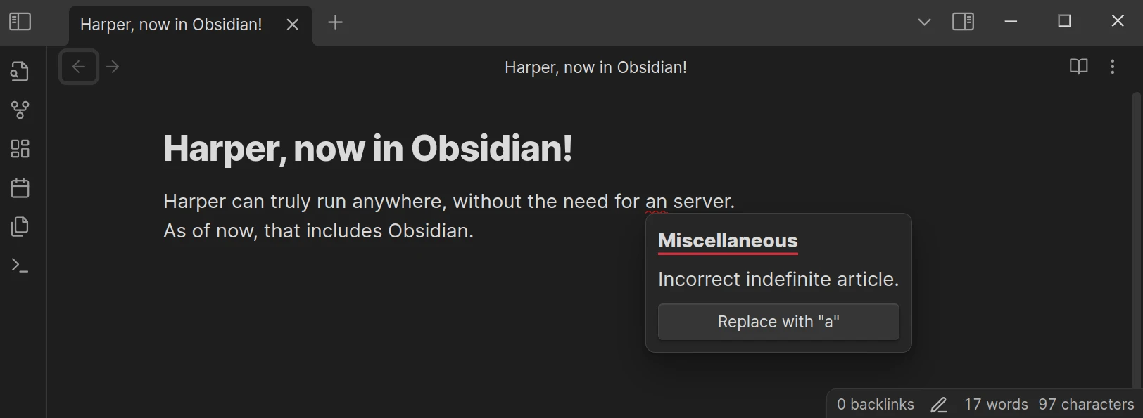 A screenshot of Obsidian with Harper installed