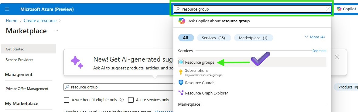 Search resource group on the azure portal