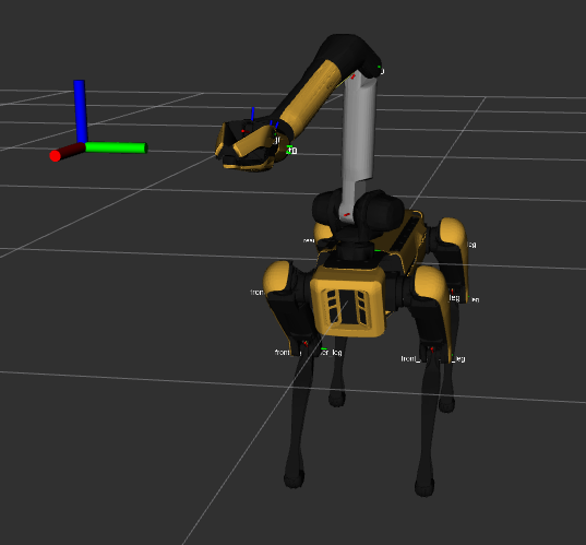 Simulated Spot moving its arm to an end-effector target (shown as RGB axes).