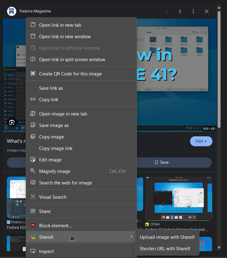 Screenshot of Google webpage with the search of "fedora linux 41" with a thumbnail that says "What's new in Fedora KDE 41?" and it is right clicked with a drop down options menu that has a option called ShareX -> Upload Image with ShareX & Upload URL with ShareX