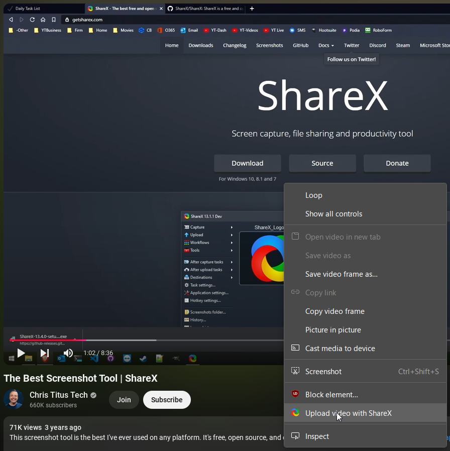 Chris Titus Tech video that is talking about how amazing ShareX is right clicked that has a menu with a button called Upload video with ShareX