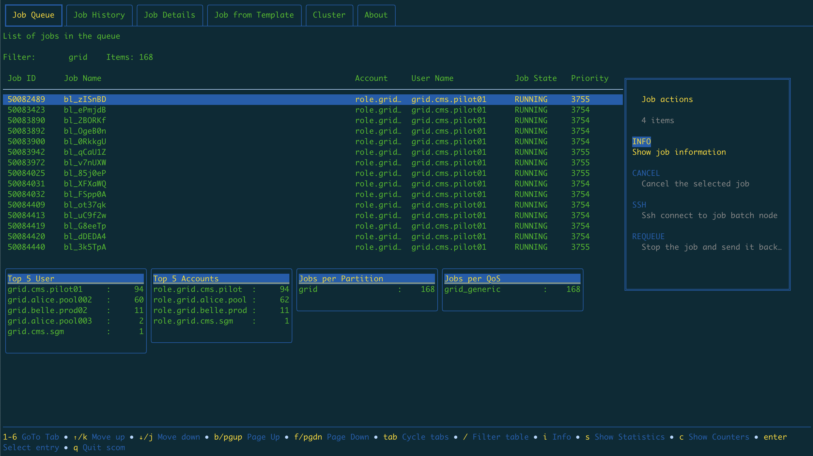 Job Queue actions window