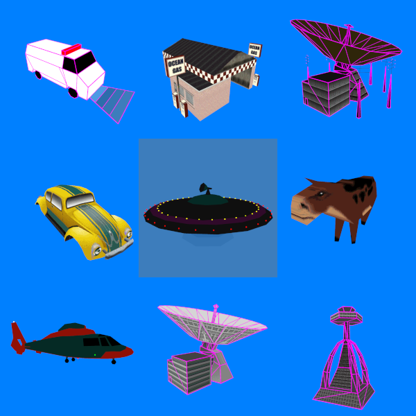 Some of the meshes from SimCopter and Streets of SimCity viewed in the Maxis Mesh Viewer.