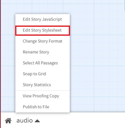 The story Stylesheet menu option in the Twine 2 editor.