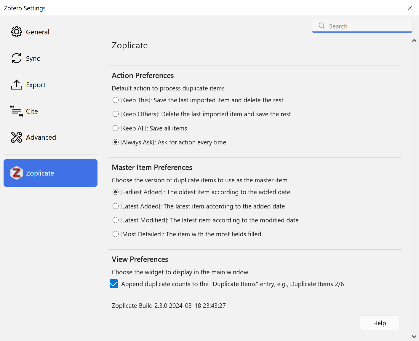 zoplicate settings