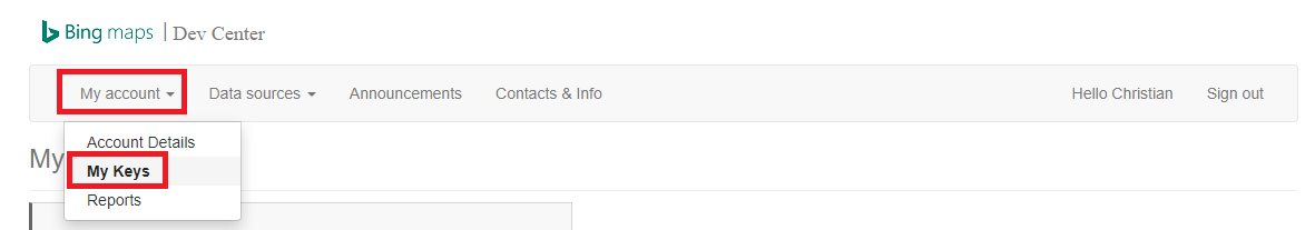 Bing Maps - My Keys