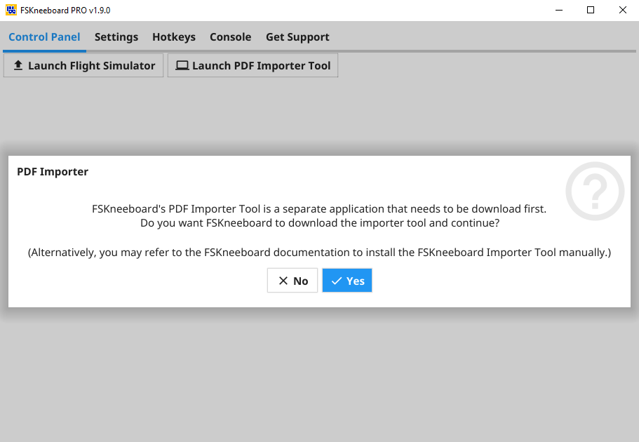 FSKneeboard - PDF Import Panel, Download Prompt