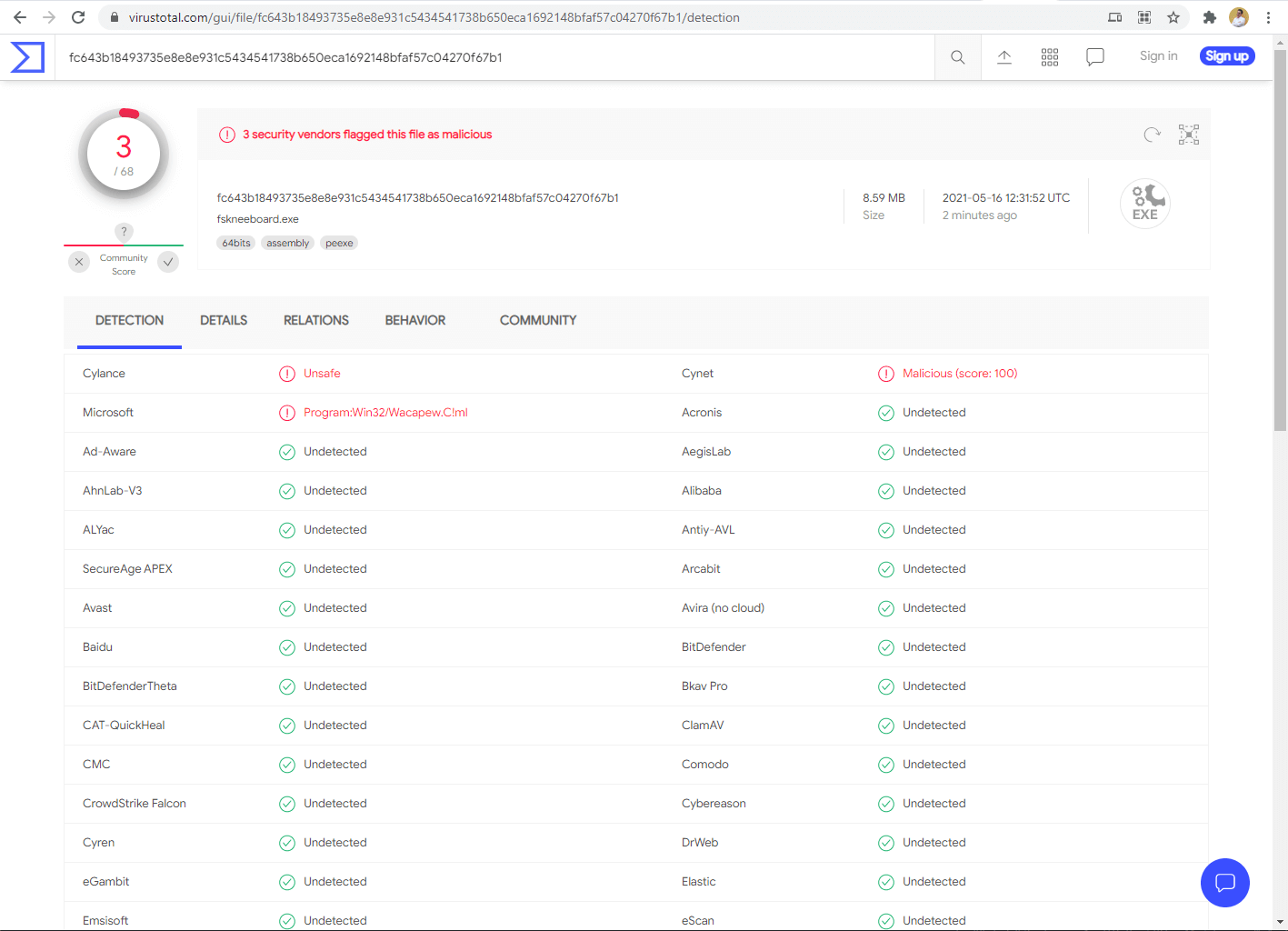 Virustotal Report of Version 1.2.0