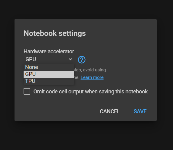 Goto runtime -> Change runtime type -> Set hardware accelerator type to GPU