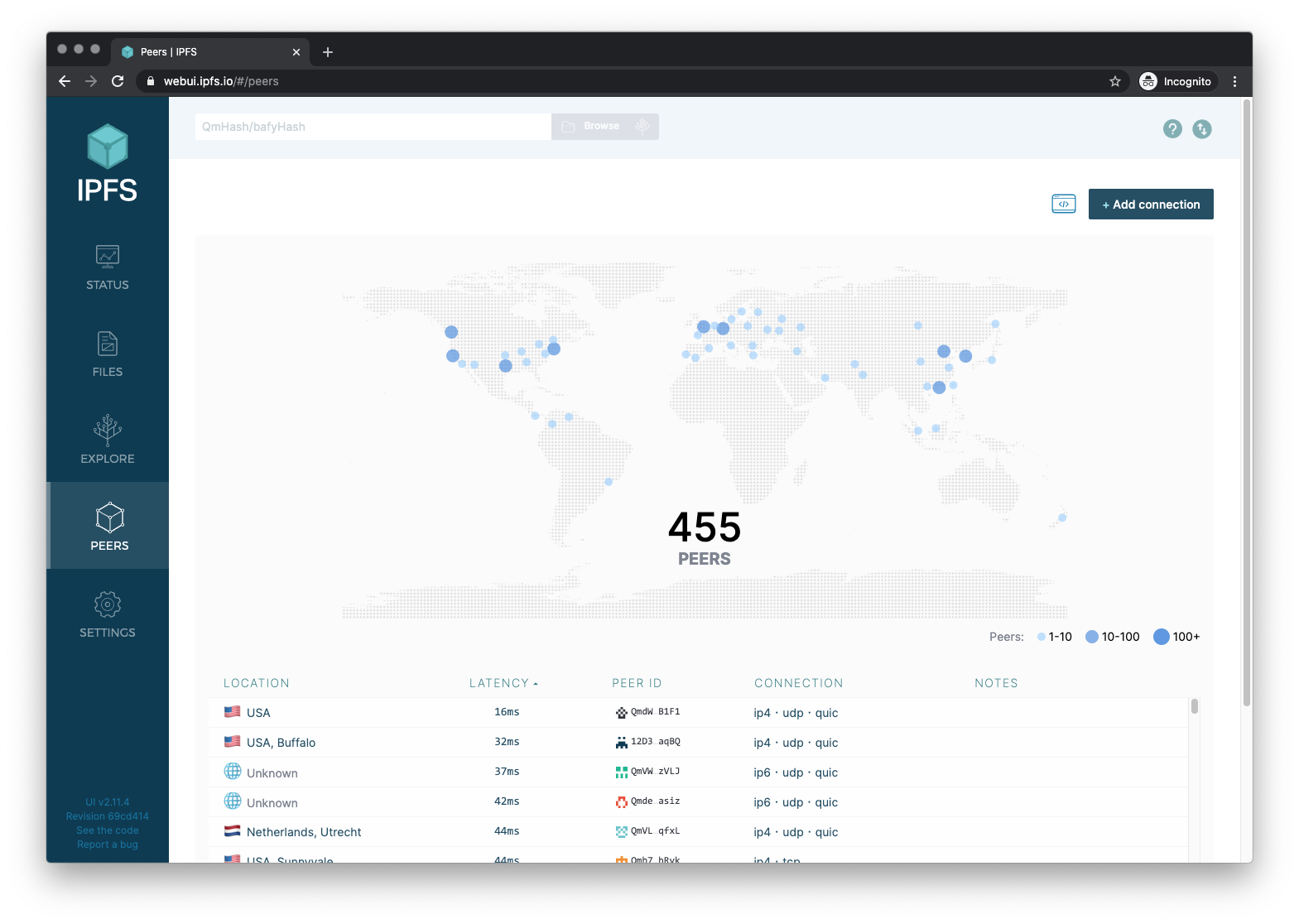 Screenshot of the swarm peers map