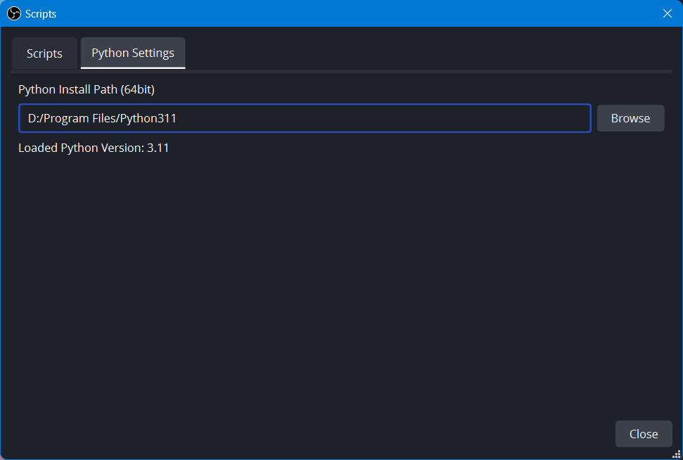 Browse to the correct path using the “Python Install Path” box in “Python Settings”. It will tell you your OBS Studio architecture. Once the correct path is selected, you should see the line “Loaded Python Version: 3.xx”.