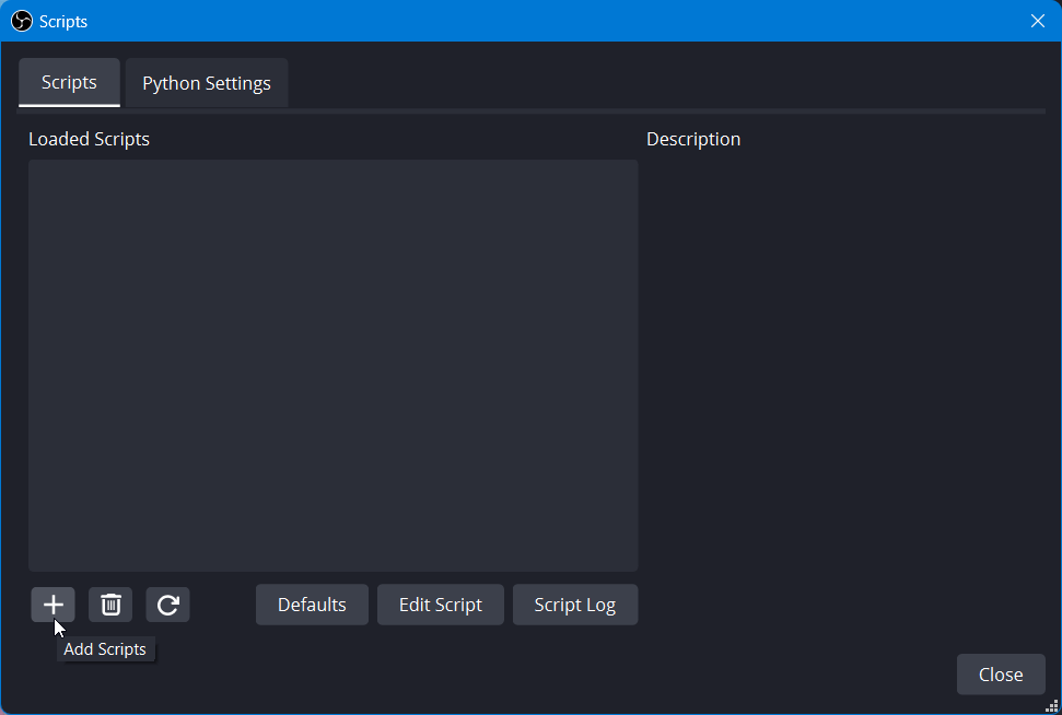 The plus button says “Add Scripts” when hovered.