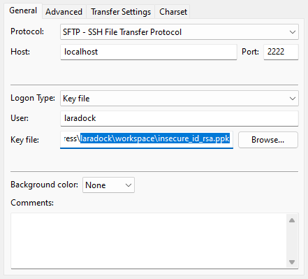 FileZilla settings for SFTP access - General tab