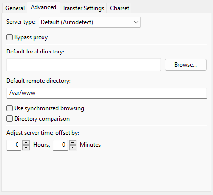 FileZilla settings for SFTP access - Advanced tab