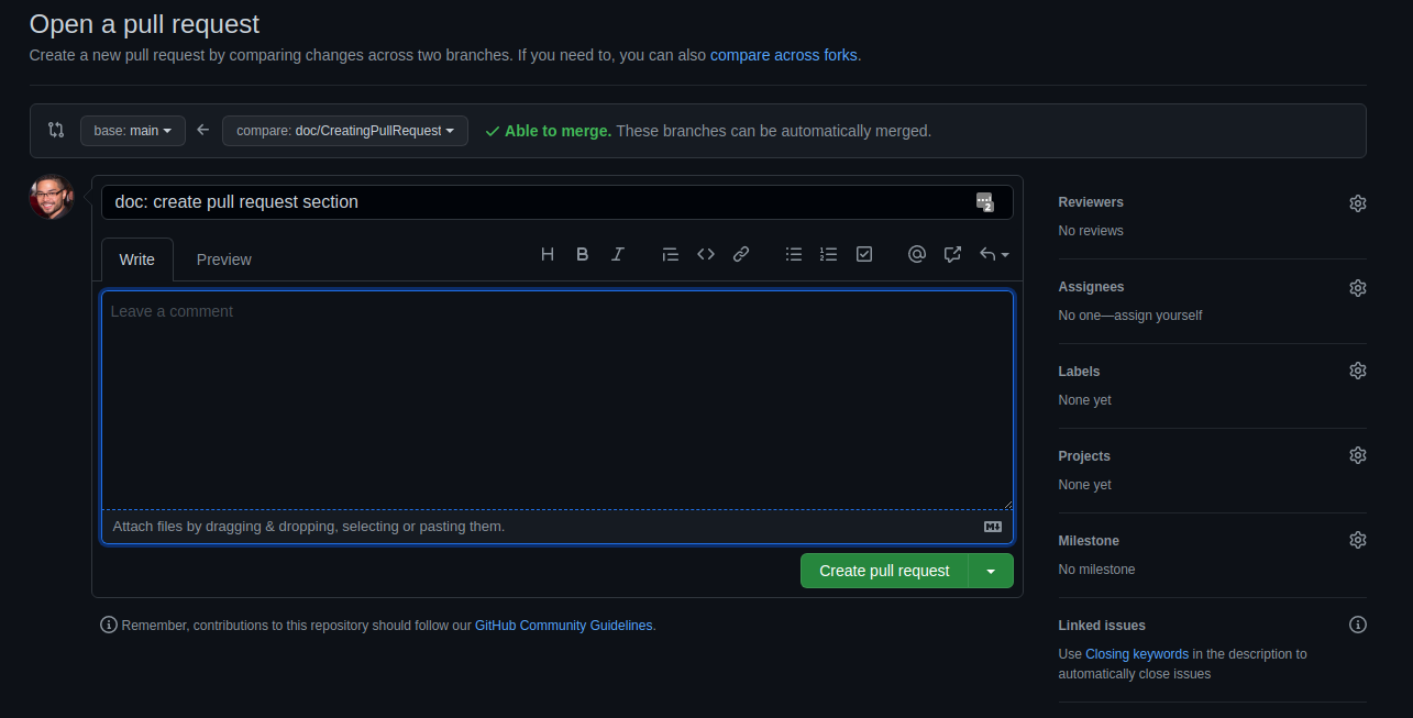 Imagem demonstrando a página para inserir as informações de título, descrição e quais as branchs quer mesclar (mergear)