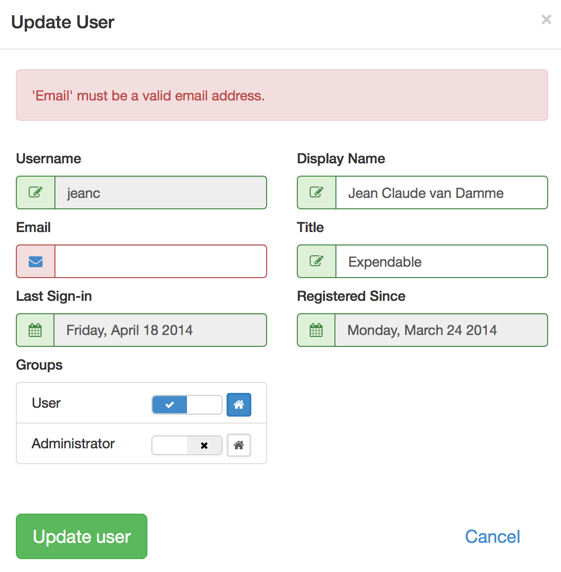 Create/update user user