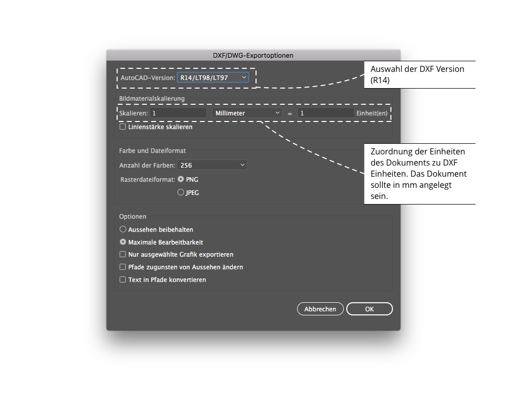 Adobe Illustrator DXF Export Dialog