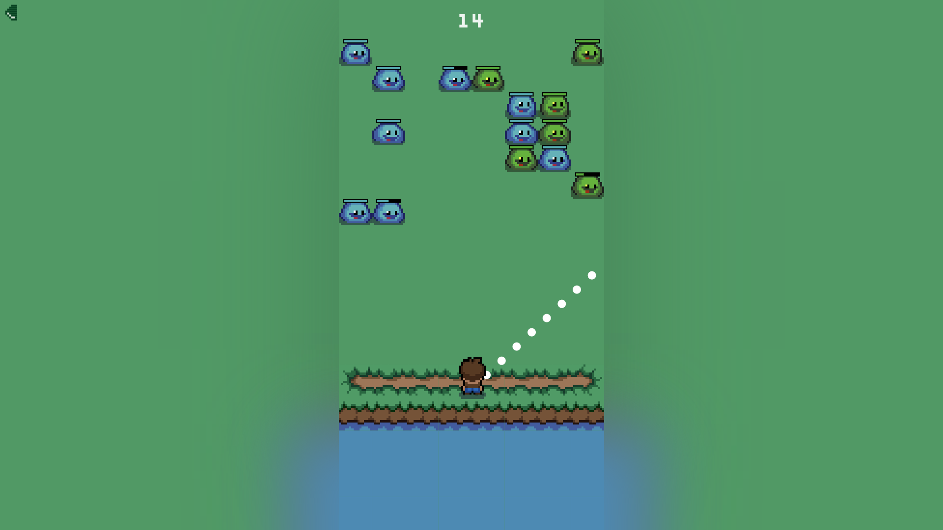 Game screen with a player at the bottom facing multiple slimes