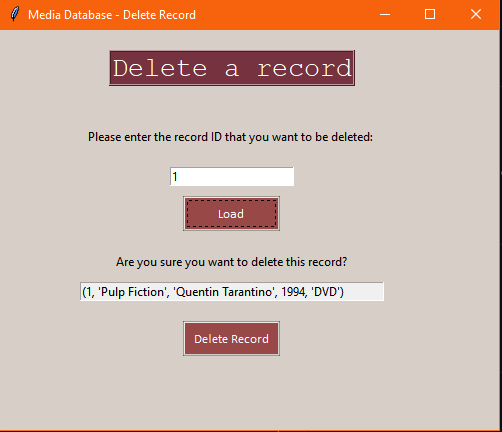 Image of the delete record screen