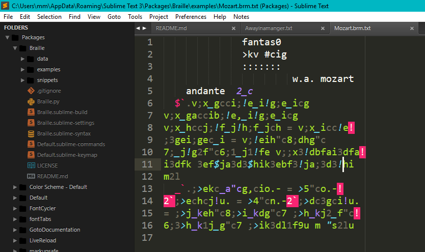 Sublime Braille Music with theme Monokai