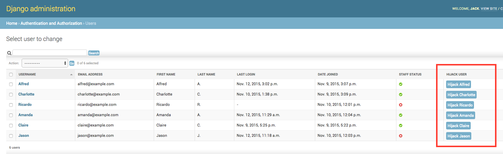 Screenshot of django-hijack in action on the admin site.