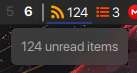 Screenshot of the RSS widget showing I have 124 unread news items.