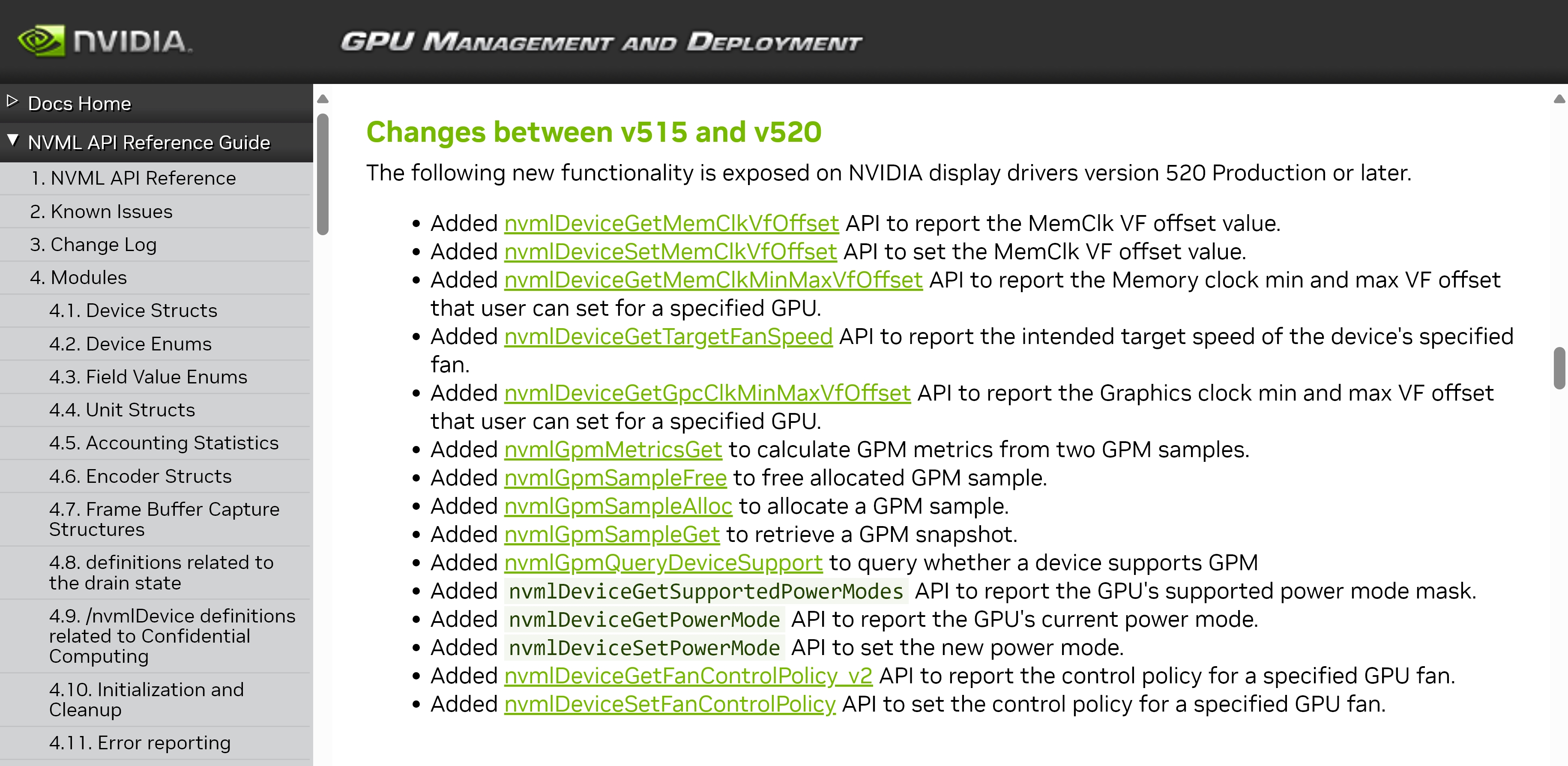 NVIDIA NVML change logs