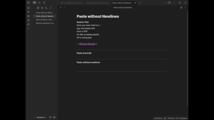 Pasting content into the Obsidian editor without newlines