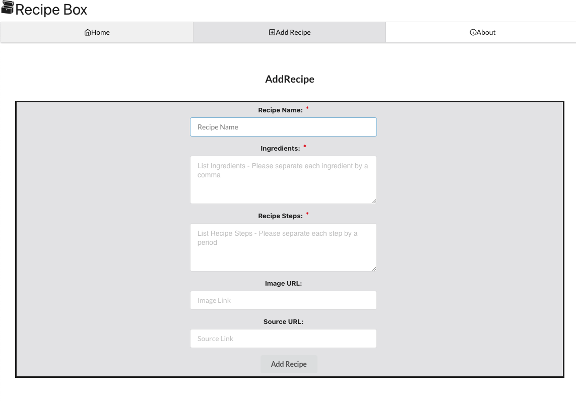 screenshot of add recipe form