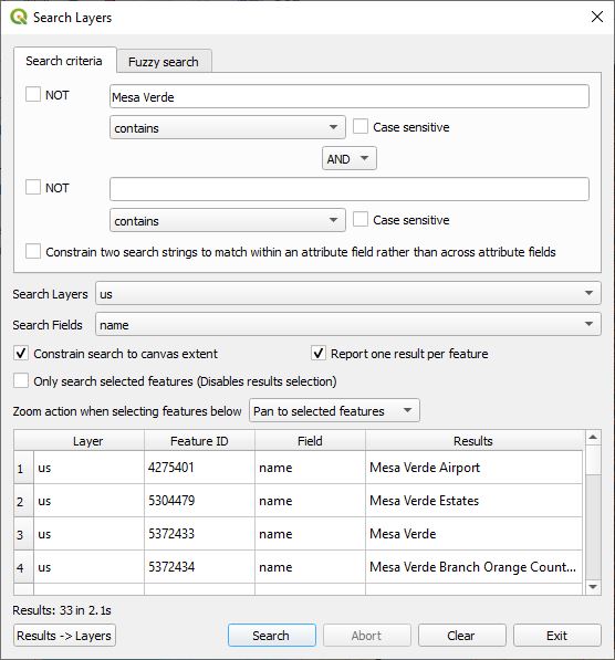 Search Layers Dialog