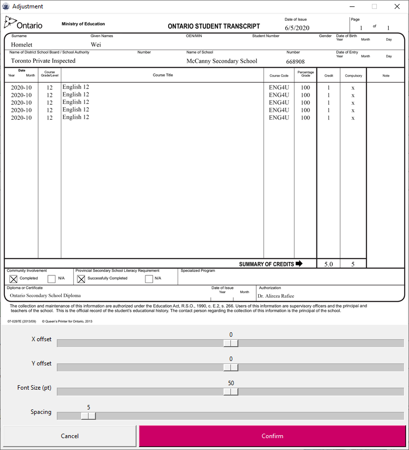 Adjustment Screen