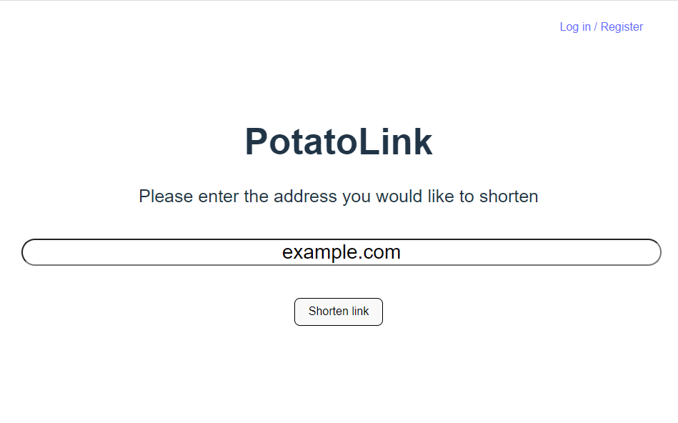 A screenshot showing white page, with big black PotatoLink text and domain name input box below it with label please enter the address you would like to shorten, below the input box is a button with text shorten link