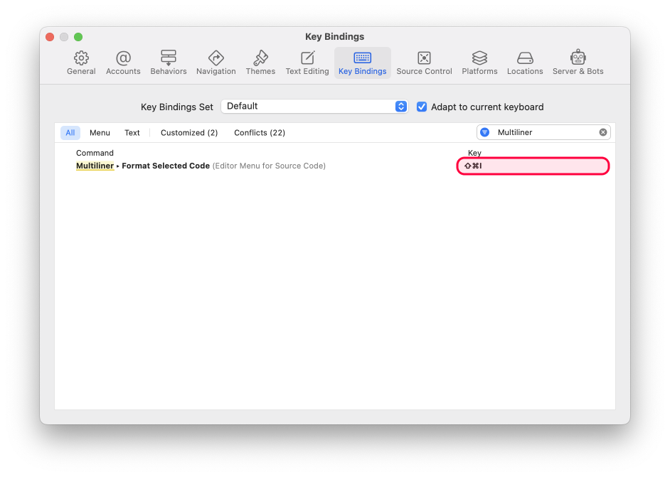 Setting a key binding in Xcode