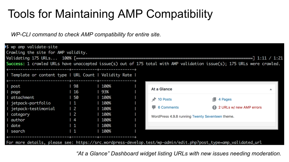 A WP-CLI command is provided to check the URLs on a site for AMP validity. Results are available in the admin for inspection.