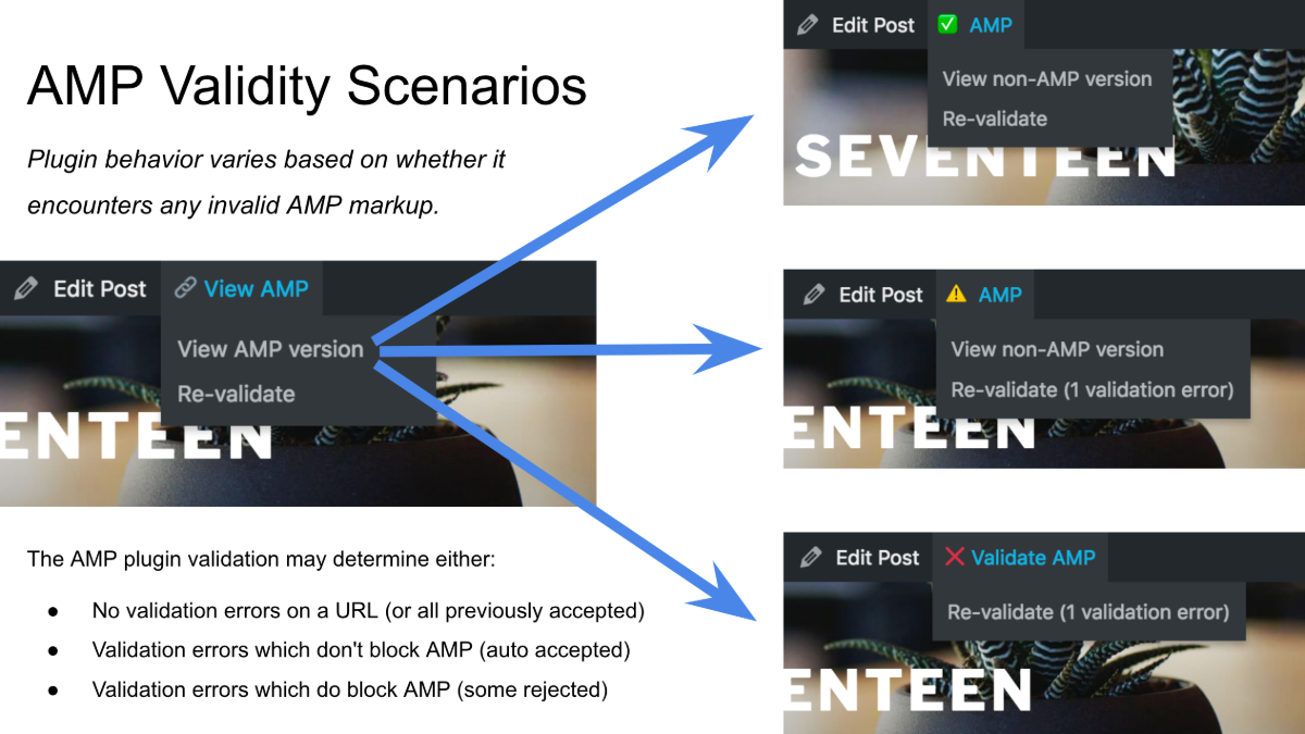 Plugin checks for AMP validity and will indicate when either: no issues are found, new issues need moderation, or issues block AMP from being served.