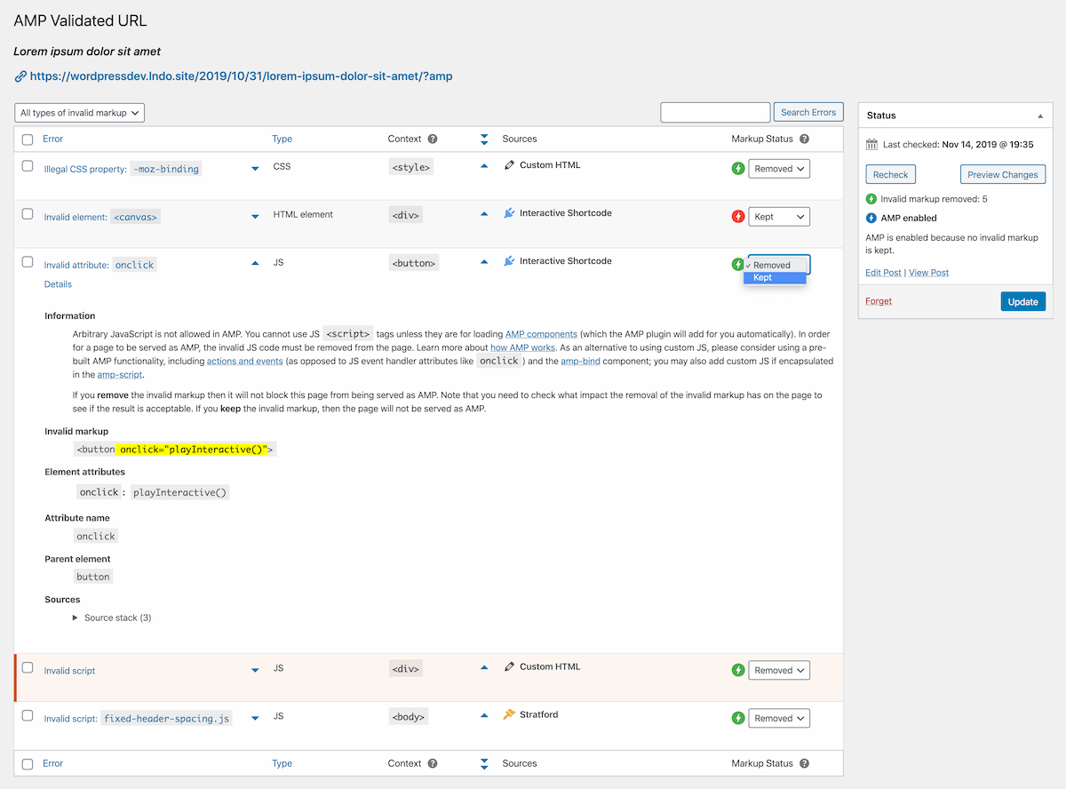 Each Validated URL shows the list of validation errors encountered, giving control over whether invalid markup is removed or kept. Keeping invalid markup disables AMP.