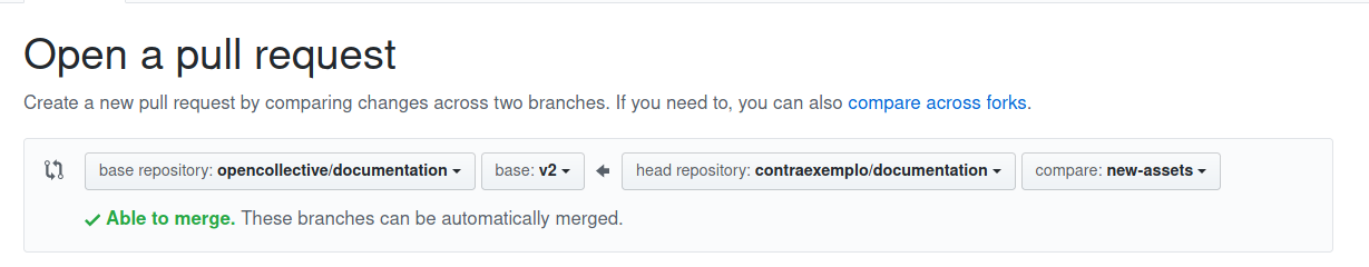 Screenshot of the Open a pull request page showing a comparison between the base repository (opencollective/documentation on the v2 branch) and the head repository (your fork on the branch new-assets)