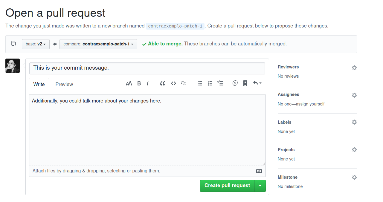 Screenshot of the Pull request page. It shows a box for the title of the Pull request, another for any comments. Below them, there's a Create pull request button.