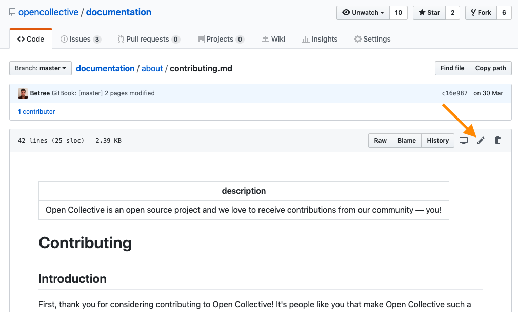 Screenshot of a version of our Contributing page on GitHub showing the Edit this file button as a pencil icon.