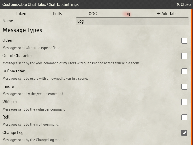 Change Log Chat Tabs Settings