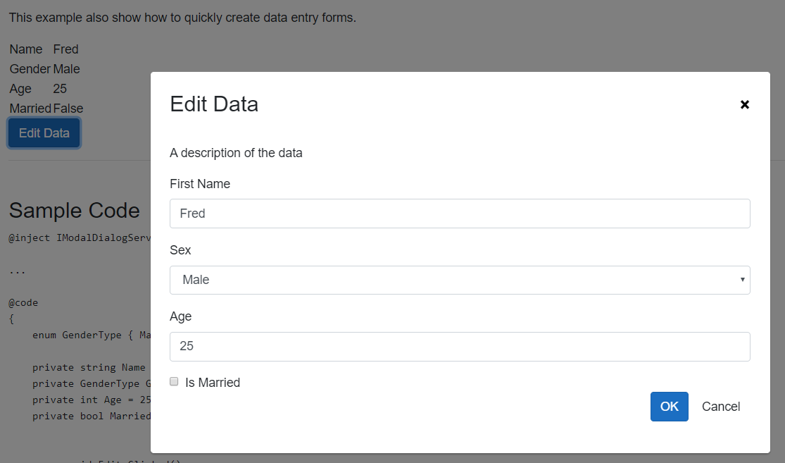 Screenshot of the Blazor Data Input Form