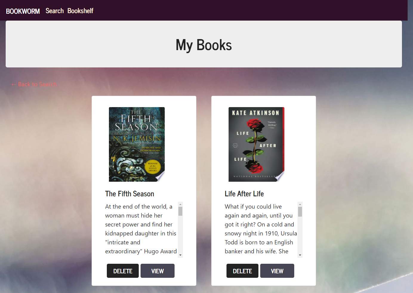 Screenshot of bookshelf page