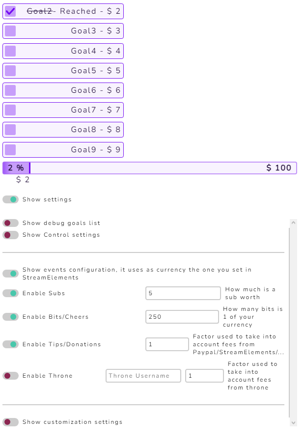 events settings