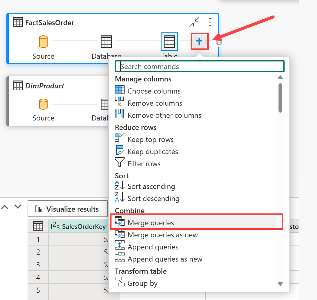 Screenshot of the canvas with the FactSalesOrder table selected.