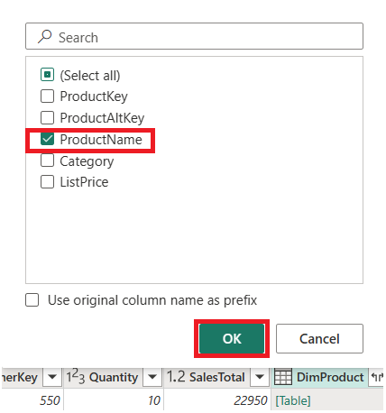 Screenshot of the preview pane with the DimProduct column expanded, with ProductName selected.