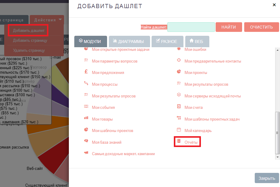 Отображение отчётов в дашлетах