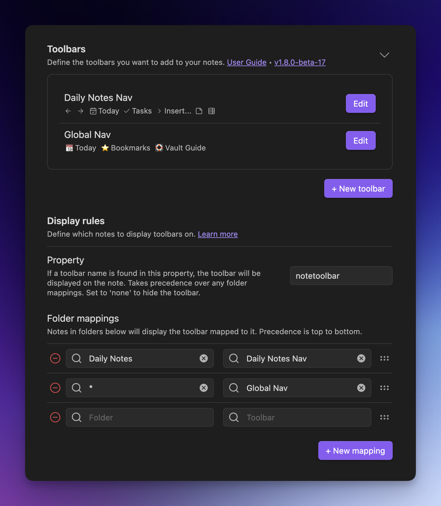 Example of settings configuration